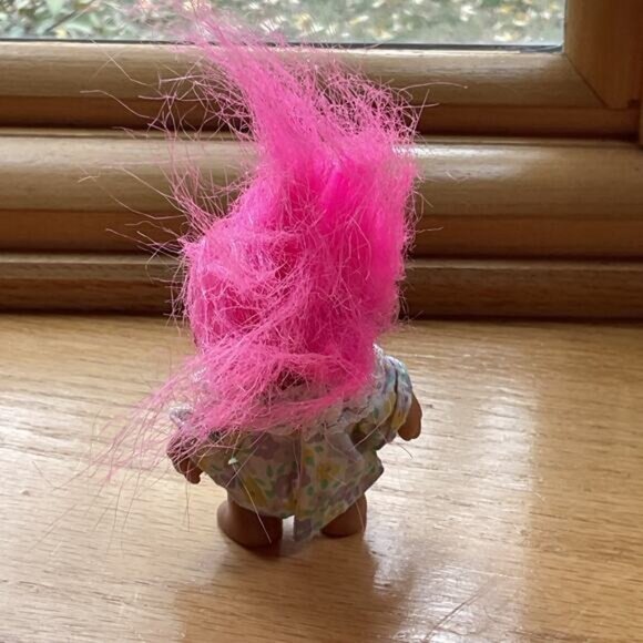Pink Haired Troll Doll in Purple Yellow Flower Dress 3" - Picture 3 of 3